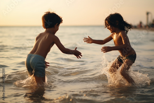 A boy and a girl are playing in the ocean