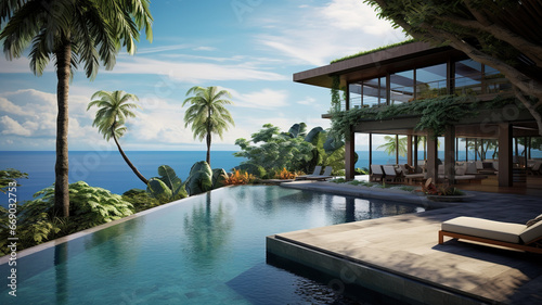 luxury bali villa with sea views  sunbeds and swimming pool. traveling asia  summer vacation. AI