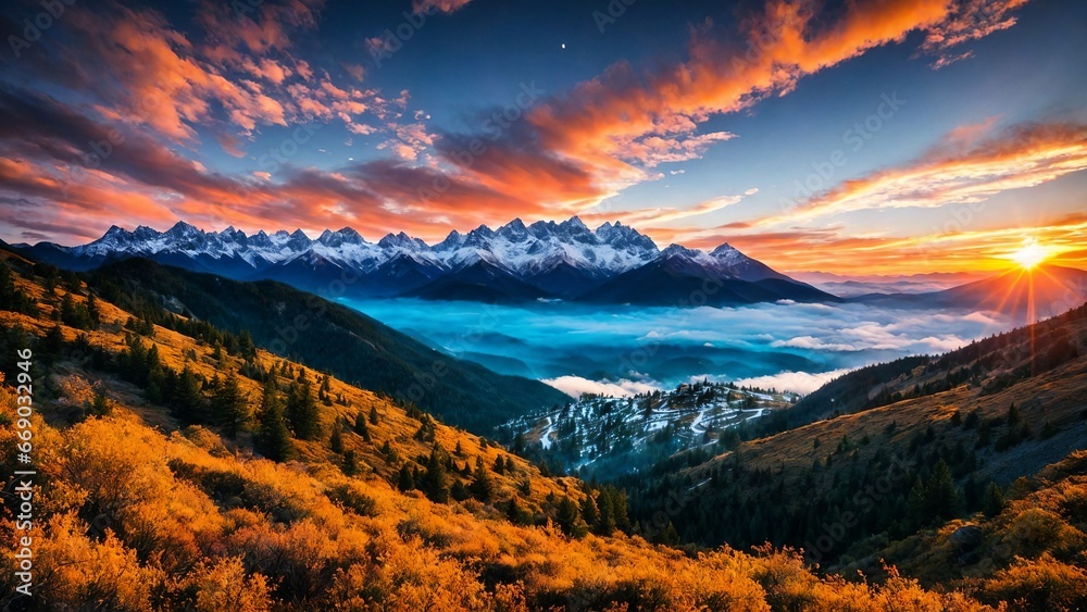 Stunning sunrise in the mountains, warm light. Generative AI, Stunning sunrise in the mountains, warm light. Generative AI,