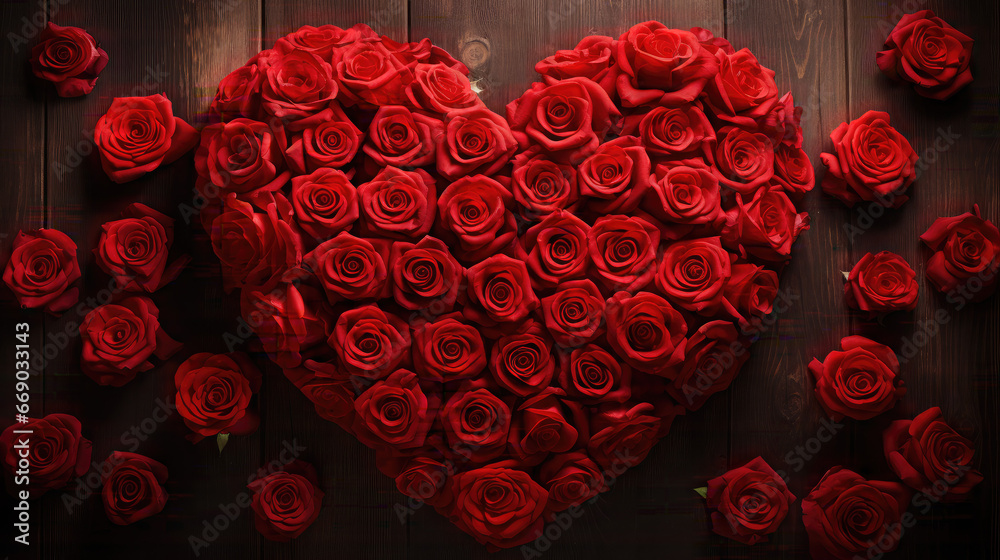 Red roses in shape of a Heart on a brown wood background