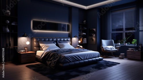 Blue monochrome bedroom. Minimalism. © Idressart