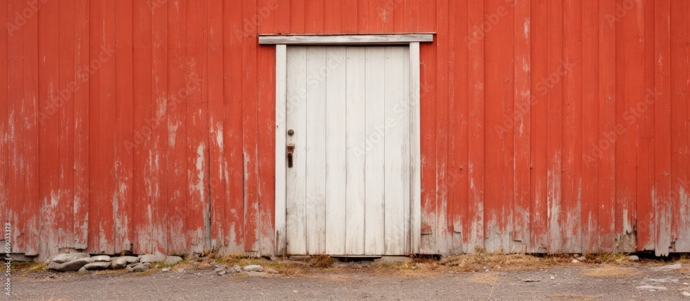 Old barn in Grande Grave in Forillon National Park with a red door and white wooden wall near Gasp Quebec Old barn in Grande Grave in Forillon National Park with a red door and white wooden wall near Gasp Quebec