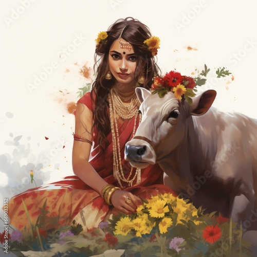 Diwali Govatsa Dwadashi Indian Festival Cow Woman photo