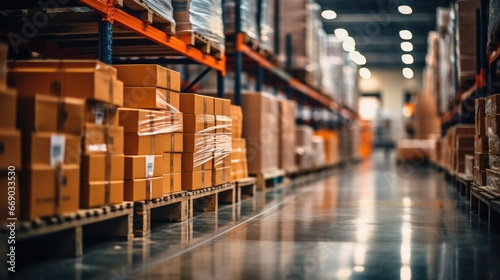 
Retail warehouse full of shelves with goods in cartons, with pallets and forklifts. Logistics and transportation blurred background. Product distribution center. photo
