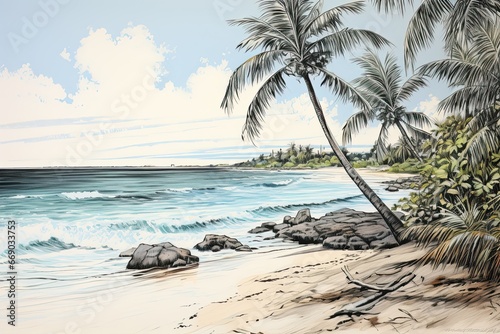 A Beach Drawing: Palm Trees and Gentle Waves Captured in Stunning Detail