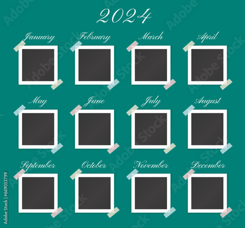 Template of photo frames for 2024 year. Mockup of blank pictures and images with stickers and months for album layout design, vector illustration