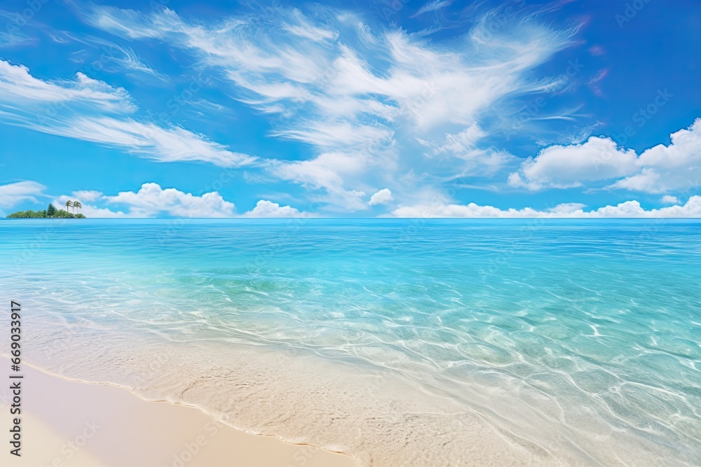 A Panorama of a Beautiful White Sand Beach Under Blue Skies: Captivating Coastal Beauty