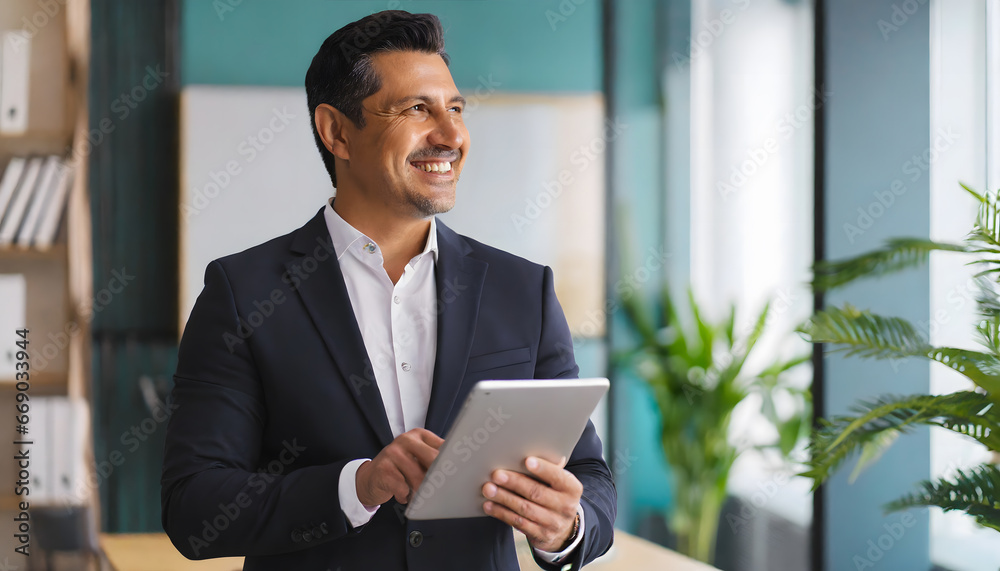 Happy middle aged business man ceo wearing suit standing in office using digital tablet. Happy middle aged business man ceo wearing suit standing in office using digital tablet.