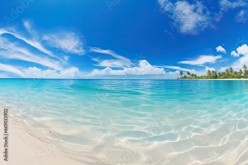 Beautiful White Sand Beach Panorama: Blue Skies, Tranquility, and Serenity