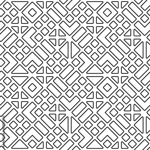 Abstract background with outline geometric pattern. Modern seamless pattern with simple minimal ornament of black squares and triangles on white background, vector illustration