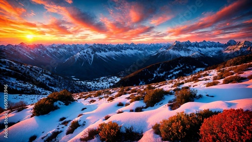 Stunning sunrise in the mountains, warm light