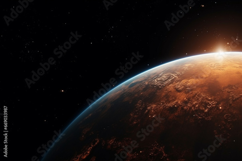 View of the planet Earth from space during a sunrise.