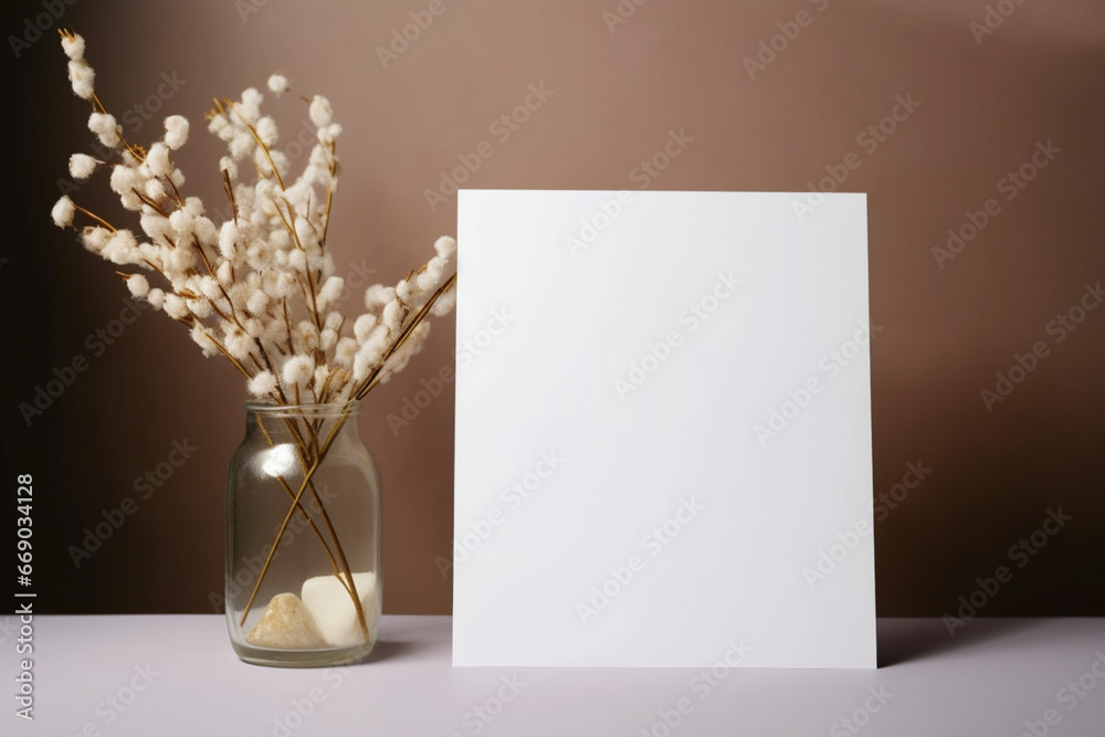 White blank greeting or invitation card and envelope with ceramic jar decoration on white background - obrazy, fototapety, plakaty 