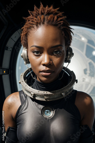 a woman in a space suit with headphones on her head and a space station in the background with a window, afrofuturism