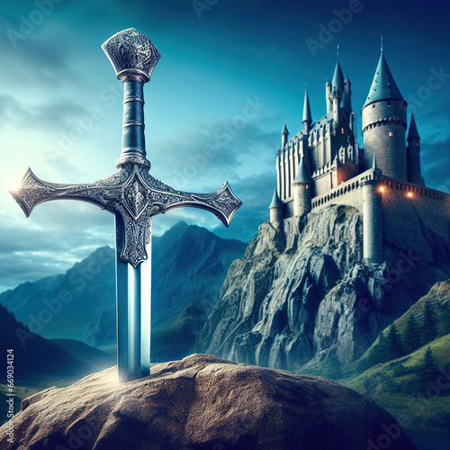 Excalibur. The mythical sword in the stone. Camelot castle on background. photo
