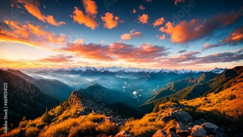 Stunning sunrise in the mountains, warm light