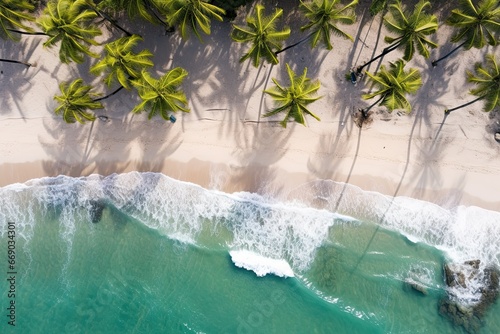 Aerial View: Lush Palm Trees on Beach Coastline - Stunning Visuals of Nature's Paradise