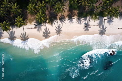 Aerial View: Lush Palm Trees on Beach Coastline - Magnificent Tropical Scenery © Michael