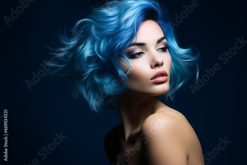 a close-up studio fashion portrait of a face of a young woman with perfect skin  blue hair and immaculate make-up. Dark background. Skin beauty and hormonal female health concept