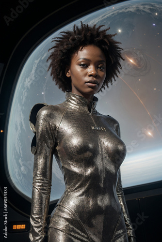 a woman in a silver dress standing in front of a window with a view of the earth in the background, afrofuturism