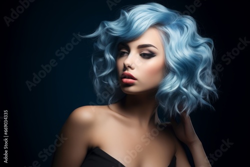 a close-up studio fashion portrait of a face of a young woman with perfect skin, blue hair and immaculate make-up. Dark background. Skin beauty and hormonal female health concept