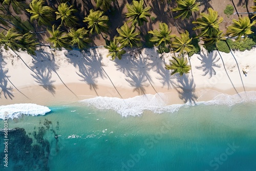 Aerial View: Tropical Beach with Palm Trees Scattered Across