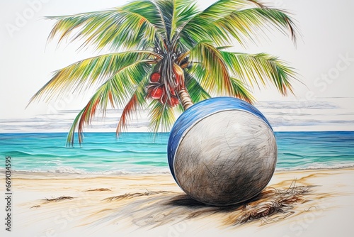 Beach Ball Drawing: Palm Tree on Beach - Vibrant and Playful Digital Image