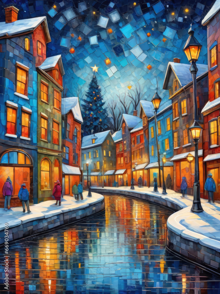 cubism painting of vibrant cozy winter Christmas eve