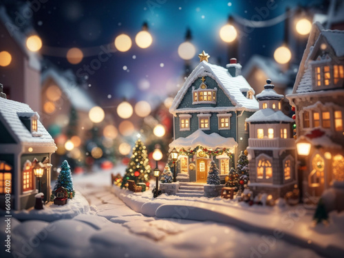 Christmas miniature scene of cozy town with flock background