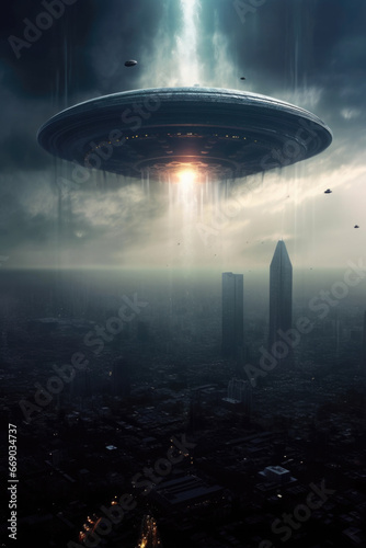 Enormous alien mothership looming over a futuristic city skyline, extraterrestrial invasion