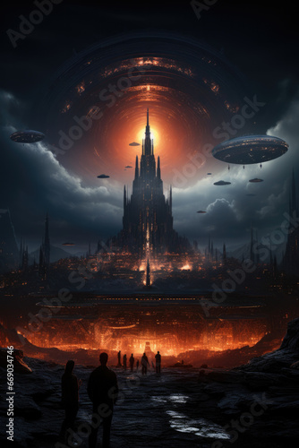 Enormous alien mothership looming over a futuristic city skyline, extraterrestrial invasion © Irina Beloglazova