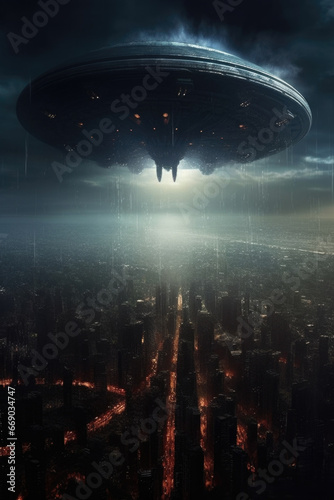 Enormous alien mothership looming over a futuristic city skyline  extraterrestrial invasion