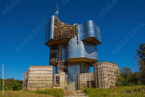 The now derelict Yugoslav-era WW2 partisan Monument to the Uprising of the People of Kordun and Banija on Veliki Petrovac in Petrova Gora National Park, north west Croatia. Constructed from poured con photo