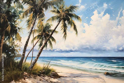Beach Scene  Palm Trees Swinging in Breeze - A Serene Coastal View