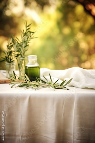 Natural wooden table and organic cloth with olive tree plant. Product placement mockup design background. Outdoor tropical summer scene with rustic vintage countertop display. 