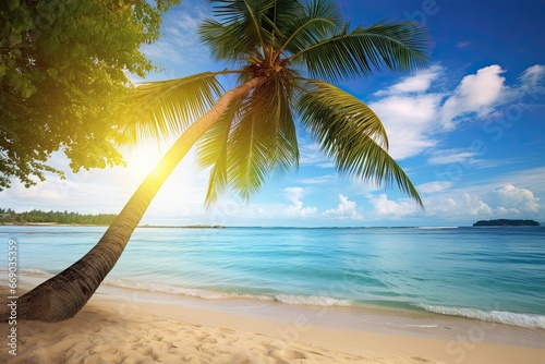 Beach Vacation: Stunning View of Palm Tree on Tropical Beach