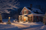 Cozy holiday house illuminated in snowy winter landscape at night.