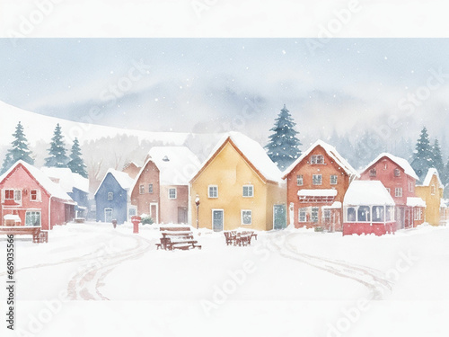 Winter Cityscape with Snow-Covered Buildings and Mountain Landscape