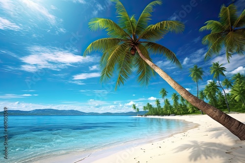 Idyllic Vacation Spot  Beach View with Palm Tree