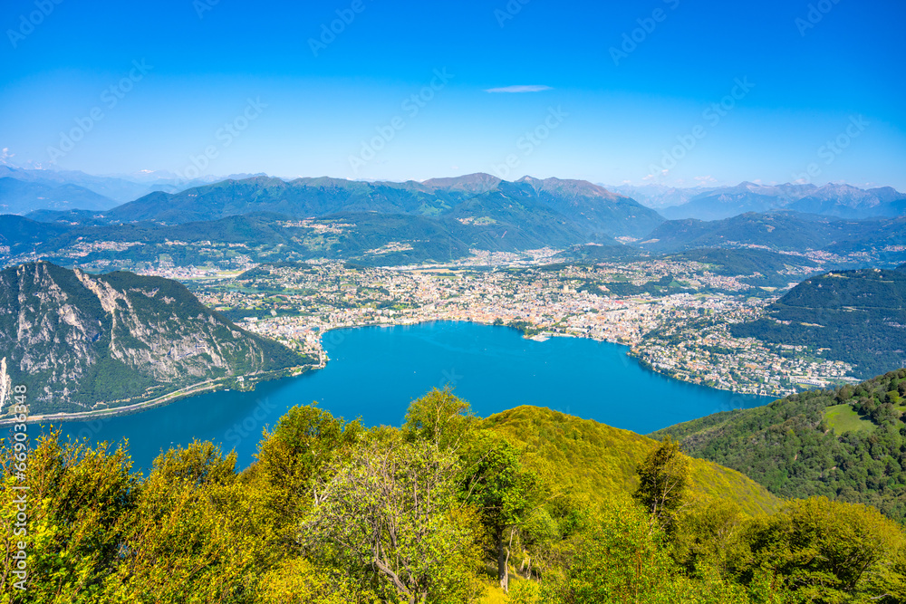 Lugano Lake, Italian: Lago di Lugano, and Lugano city. Lookout from Balcony of Italy on Mount Sighignola. Italy and Switzerland