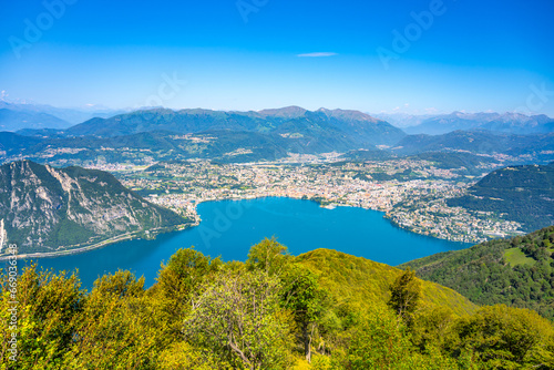 Lugano Lake, Italian: Lago di Lugano, and Lugano city. Lookout from Balcony of Italy on Mount Sighignola. Italy and Switzerland
