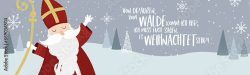 Lovely drawn Nikolaus character, , text in german saying "I came here from the forest, I tell you, it is a very holy night!" - great for invitations, banners, wallpapers, cards - vector design