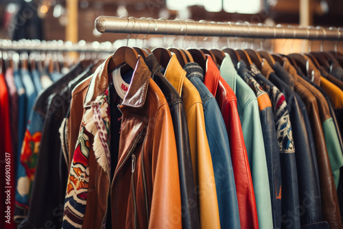 Various vintage jackets on clothing rack in second hand store photo