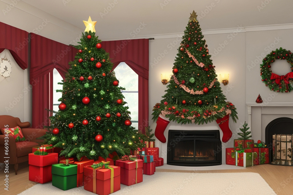 Cozy Festive Home Interior with Christmas Decorations and Illuminated Tree