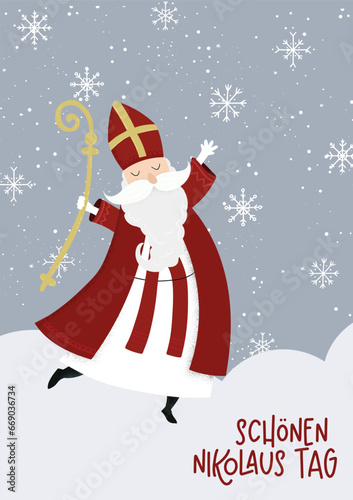Leinwand Poster Lovely drawn Nikolaus character, , text in german saying Happy St