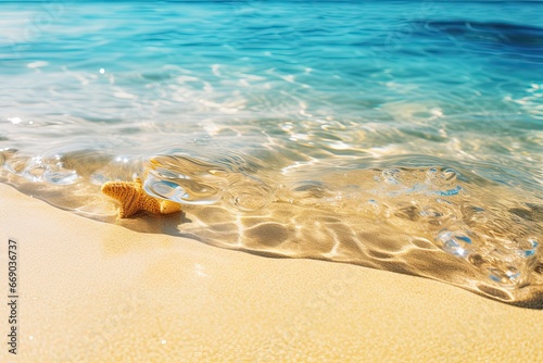 Golden Sand Closeup: Crystal Clear Water Beach Image
