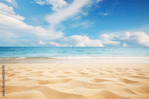 Closeup of Sand on Beach and Blue Summer Sky: Empty Tropical Beach and Seascape Image