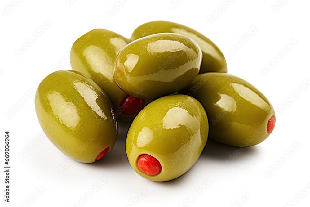 Olives stuffed with red paprika on white background. Ai generative - obrazy, fototapety, plakaty 