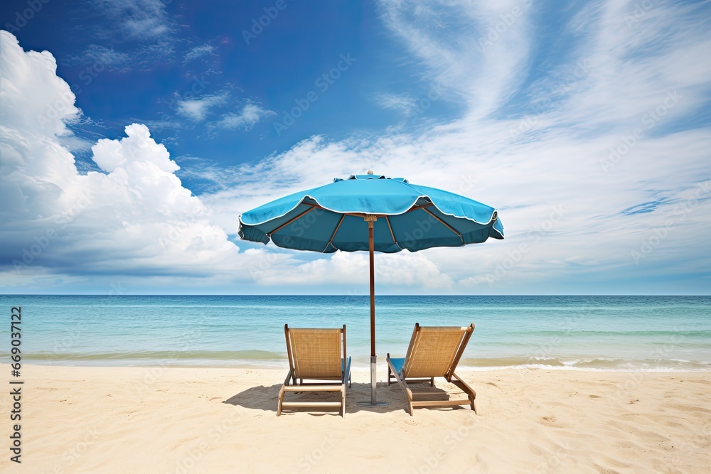 Peaceful Vacation Spot: Empty Beach with Chairs and Umbrella - Ultimate Relaxation Getaway