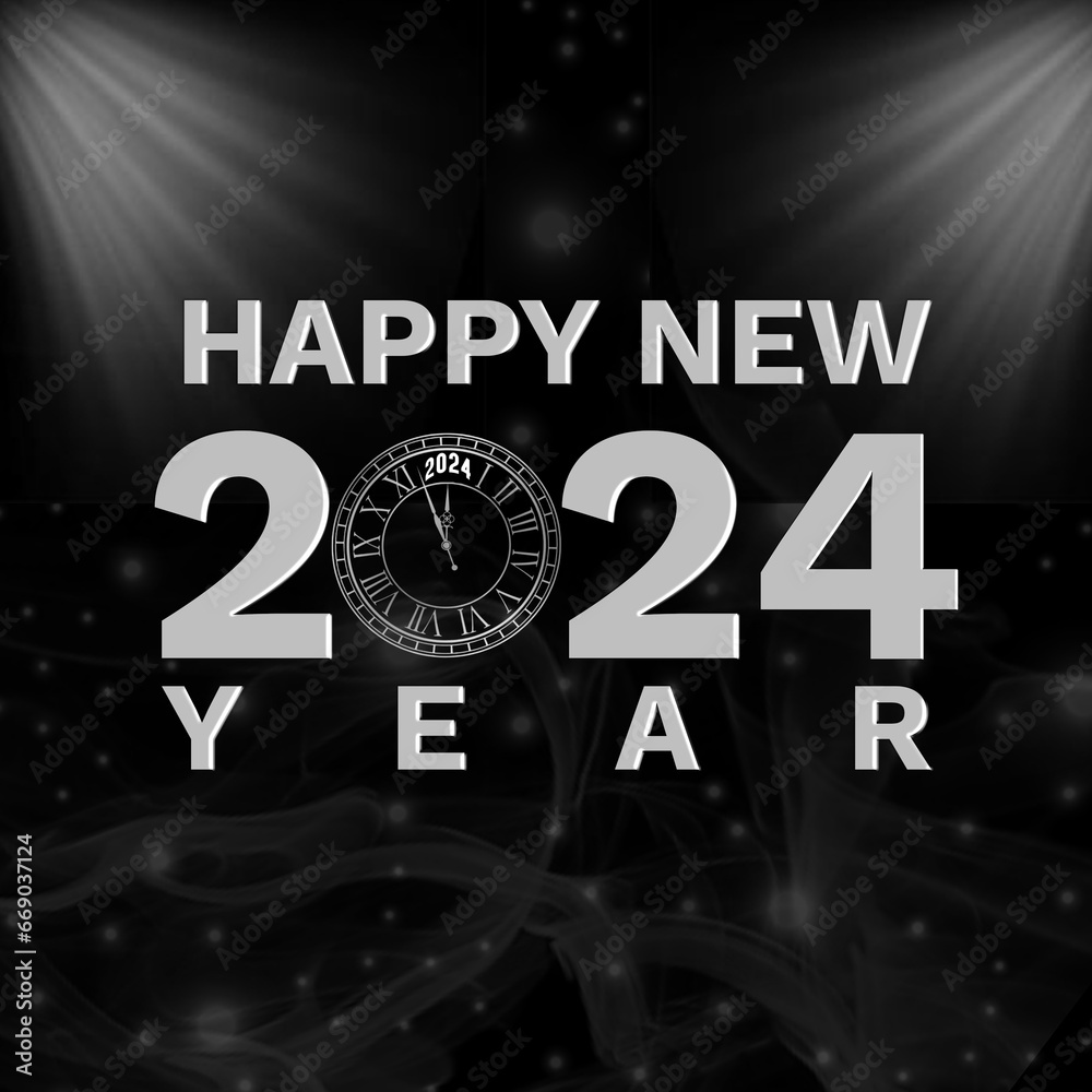 Happy New Year, 2024, Png, Silver & Black, Social Media Post Design 